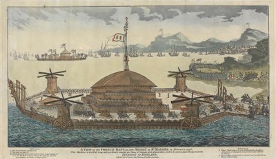 Een uitzicht op het Franse vlot, zoals gezien drijvend bij St. Maloes, in februari 1798. De machine is 600 voet lang en 300 breed, monteert 500 kanonnen, 36 & 48-ponders, en is bedoeld om 15.000 troepen te vervoeren voor de invasie van Engeland. door Unknown artist