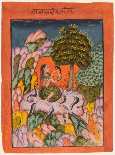 Een vrouw betovert slangen in de wildernis: Asavari Ragini, uit een Ragamala door Unknown artist
