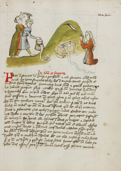 Een vrouw in gebed en een slang op een nabijgelegen heuvel; een man die een slang probeert te doden met een bijl door Unknown artist
