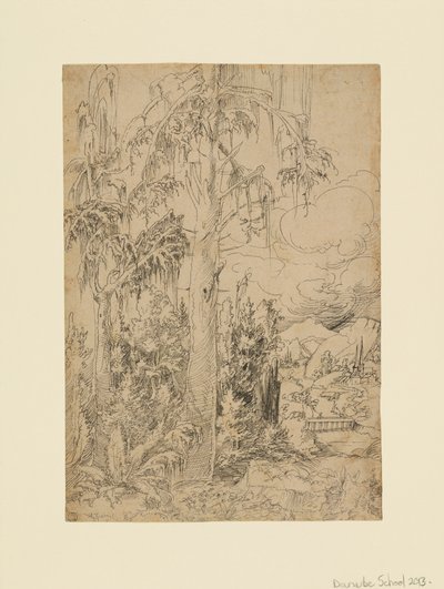 Een bosrijk landschap met een stad achter een brug en bergen in de verte door Unknown artist