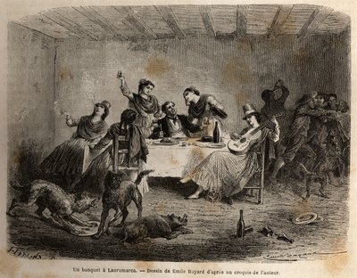 Een banket in Lauramarca (Laag-Peru), een man omringd door Indiaanse vrouwen, wordt bediend en verwend, terwijl zijn dienaren zonder zijn medeweten ruzie maken. Gravure ter illustratie van de reis in de valleien van Quinquinas (Peru), door door Unknown artist