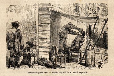 Een kapper in de wind in de straten van Rome. Gravure ter illustratie van de reis naar Rome, door Francis Wey, in 1864-1868, gepubliceerd in 