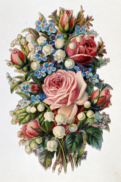 Een gemengd boeket met rozen, lelietje-van-dalen. door Unknown artist