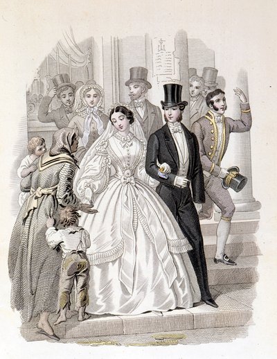 Een burgerlijk huwelijk, gravure uit 1860. door Unknown artist