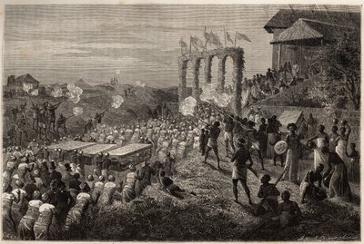 Een bruidsstoet in Tete (Mozambique). Gravure om de eerste reizen van Dr. Livingstone naar Zuidelijk Afrika van 1840 tot 1856 te illustreren, in 