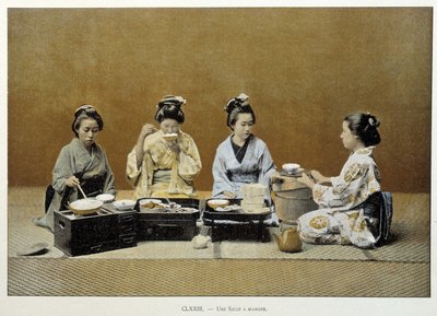 Een eetkamer in Japan: vrouwen eten rijst met eetstokjes en een van hen schenkt thee in - n.d. eind 19e eeuw door Unknown artist