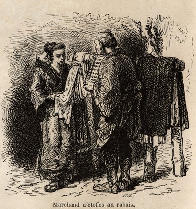Een korting stoffenhandelaar maakt het artikel aan een jonge vrouw die haar peuter op haar rug draagt. Gravure ter illustratie van de reis naar Japan, door Aime Humbert, minister van de Zwitserse Confederatie, in 1863-1864, gepubliceerd in 