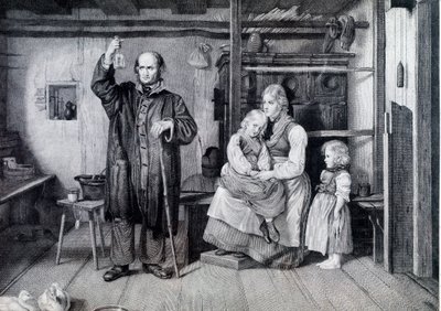 Een dokter die een fles onderzoekt, waarschijnlijk een urinefles, tijdens een bezoek aan een moeder en haar twee kinderen die in armoede leven (gravure) door Unknown artist