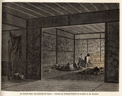 Een slaapzaal in een herberg in Japan. Gravure ter illustratie van de reis naar Japan in 1863-1864, door Aime Humbert, minister van de Zwitserse Confederatie, in 
