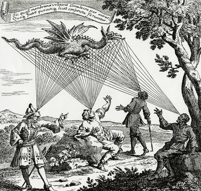 Een draak gezien vanuit verschillende hoeken, gebaseerd op een kopergravure van Zahn