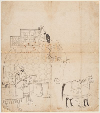 Een tekening van een versierde olifant en paarden door Unknown artist