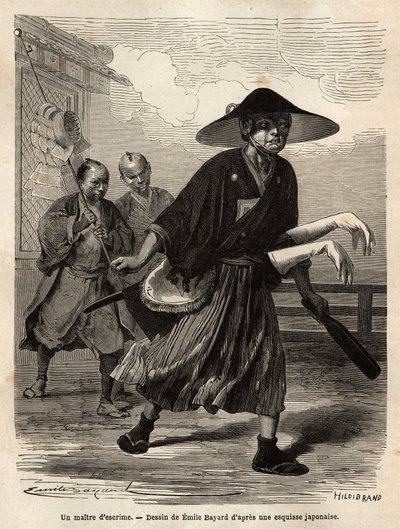 Een schermmeester, gevolgd door twee helpers die zijn materiaal dragen, de meester schuift zijn witte handschoenen over de mouwen van zijn zwaarden. Gravure ter illustratie van de reis naar Japan, in 1863-1864, door Aime Humbert, minister van de Zwitserse  door Unknown artist