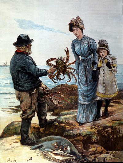 Een visser toont een moeder en dochter een grote krab door Unknown artist