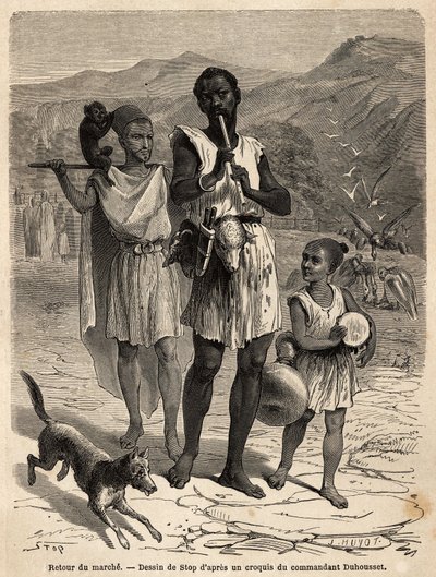 Een fluitspeler, vergezeld door een kleine trommelaar en een aap, show; de twee schapenkoppen die aan de riem van de bandleider hangen, zullen hun avondeten zijn. Gravure ter illustratie van de excursie naar de grote Kabilie, tussen de Middellandse Zee en  door Unknown artist