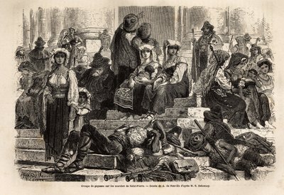 Een groep boeren en herders verzamelt zich voor de viering van de Goede Week op de trappen van Sint-Pieter in het Vaticaan door Unknown artist