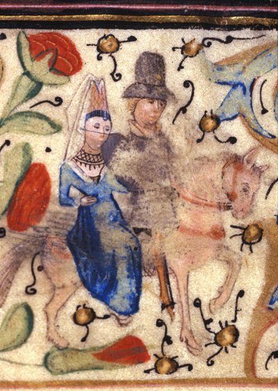 Een ridder en zijn dame: Franse verluchting uit de 14e eeuw uit een manuscript van Petrarca. Biblioteca comunale di Rimini. door Unknown artist