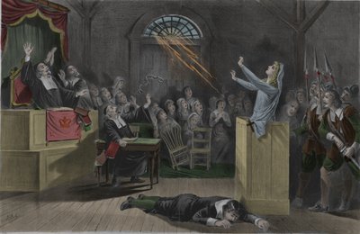 Een bliksem verbrandt de kettingen van een heks tijdens haar processen in Salem door Unknown artist