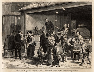 Een levendig tafereel van een straat in Edo (Tokio), met een reizende goochelaar voor een viswinkel, en een goedkope stoffenverkoper. Gravure ter illustratie van de reis naar Japan, door Aime Humbert, minister van de Zwitserse Confederatie, in 1863-1864, g door Unknown artist