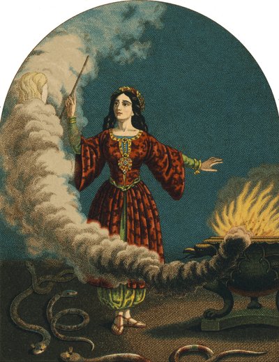 Een magiër (heks) bereidt toverspreuken met een toverstok, een ketel en slangen. Gravure uit 1852 door Unknown artist