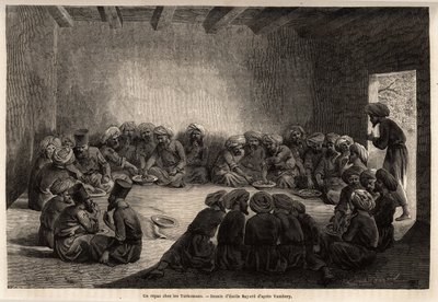 Een maaltijd bij de Turkmenen (Irak). Tekening door Emile Bayard, ter illustratie van de reis naar Centraal-Azië, in 1863, door Arminius Vambery (Hongaarse wetenschapper vermomd als derwisj). Gravure in 
