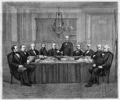 Een vergadering van de Raad van Ministers in Versailles. Van links naar rechts: Louis Buffet (1818-1898), Minister van Binnenlandse Zaken; Leon Say (1826-1896), Minister van Financiën; Henri Wallon (1812-1904), Minister van Openbaar Onderwijs, Eredienst en door Unknown artist