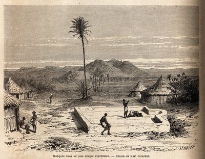 Een moskee in zijn eenvoudigste vorm, in een dorp nabij Abu Hamed, aan de oevers van de Nijl. Gravure om de reis naar Oost-Soedan van 1848-1860 te illustreren, door M. Tremmeaux, in 