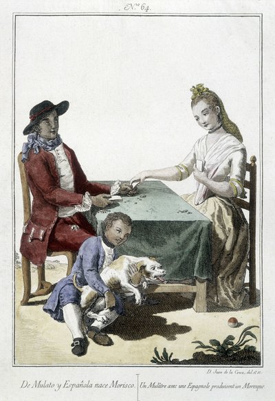 Een mulat en een Spanjaard krijgen een Moor - gravure door Unknown artist