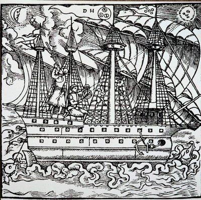 Een navigator op een Portugese karveel met een astrolabium door Unknown artist