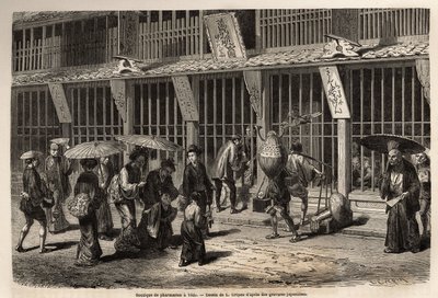 Een apotheek in Yedo (of Edo, het huidige Tokio), de apotheker werkt met zijn hulp voor de ogen van het publiek, beschermd door een houten gelakte rooster, waar de schuiten op straat wachten om bediend te worden en vervolgens betalen door het geld door te  door Unknown artist