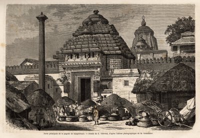 Een populaire wandeling voor de hoofdingang van de Djaghernaut Pagoda (gebouwd rond 1200), een heilige stad en pelgrimsoord in Zuid-Bengalen. Gravure ter illustratie van de reis in de zuidelijke provincies van India, door Alfred Grandidier, in 1862-1864, g door Unknown artist