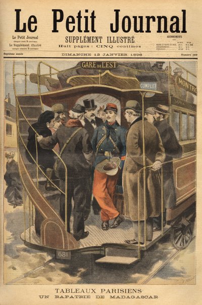 Een gerepatrieerde uit Madagaskar op het platform van de omnibus, omringd door de bewonderende menigte. Gravure in "Le petit journal" 26/01/1896. Selva
