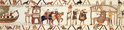 Een scène uit het Tapijt van Bayeux die koning Edward toont die met Harold praat door Unknown artist