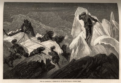Een slee en zijn bemanning verloren in de Hummocks, gescheurde ijsblokken die het oppervlak van het pakijs animeren. Gravure ter illustratie van de reis naar de vrije zee van de Noordpool, door dokter Hayes, chirurg van de Amerikaanse marine, in 1860-1862, door Unknown artist