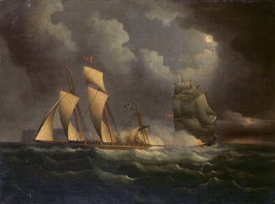 Een smokkelaarssloep achtervolgd door een marinesloep, ca. 1825 door Unknown artist