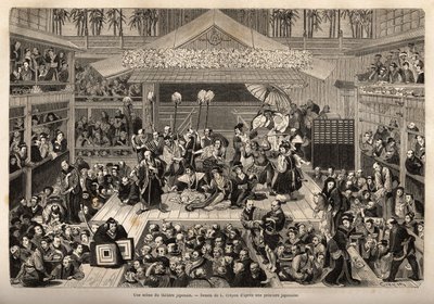 Een podium van het Japanse theater, in Yokohama, met drie galerijen voor de ontvangst van toeschouwers; de acteurs spelen op een hoog podium, elk vergezeld door een man die een lange stok vasthoudt met aan het uiteinde een kaars; tijdens de voorstelling is door Unknown artist