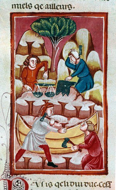 Een handelaar die een weegschaal gebruikt, een smid die op een aambeeld slaat, twee arbeiders die aan een boot werken in een scheepswerf. Miniatuur uit "De Daden van de Romeinen" 13e eeuw Venetië, Biblioteca Marciana door Unknown artist