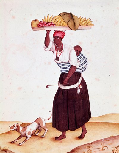 Een reizende fruitverkoper in Brazilië, ze draagt haar kind op haar rug door Unknown artist