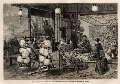 Een reizende verkoper van geschilderde lantaarns passeert een bloemenwinkel in Yedo (of Edo, het huidige Tokio), waar een vrouw een compositie van grote bloemen maakt, terwijl bonsai eerder een mannelijke kunst is. Gravure ter illustratie van Japan, reisve door Unknown artist
