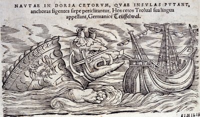 Een walvis verward met een eiland. Twee mensen maken een vuur op de rug van een zeemonster. Gravure in 