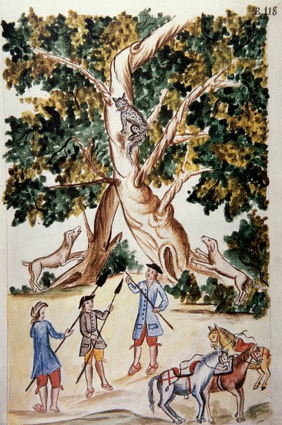 Een wilde kat zit op een boom, jagers wachten erop, uit het boek "Trujillo del Peru" of "Códice Martínez Compañón", door Baltazar Martinez Compañón y Bujanda, bisschop van Trujillo (1782-1785) door Unknown artist