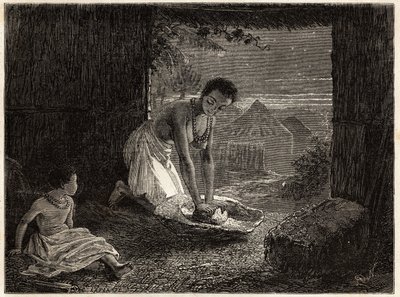 Een vrouw die graan maalt in een brander, de molen bestaat uit een stationair blok graniet in de vorm van een trog en een stuk convex kwarts. Gravure ter illustratie van Dr. Livingstone