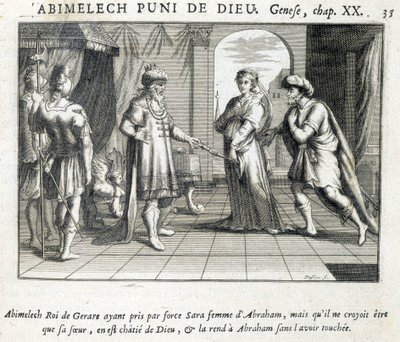 Abimelech geeft Sarah aan Abraham - Bijbel, gravure door Unknown artist