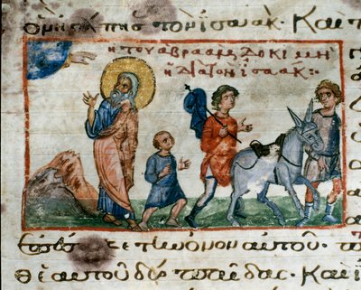 Abraham ontvangt het bevel van God om naar de berg Moria te gaan om zijn zoon Isaak te offeren Miniatuur uit 