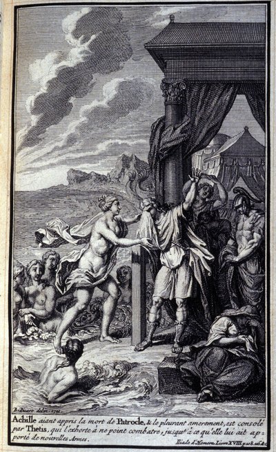 Achilles, die van de dood van Patroclus hoort en bitter om hem huilt, wordt getroost door Thetis, die hem aanspoort niet te vechten totdat ze hem nieuwe wapens brengt. Illustratie van boek XVIII van de Ilias van Homeros, Franse editie door Unknown artist
