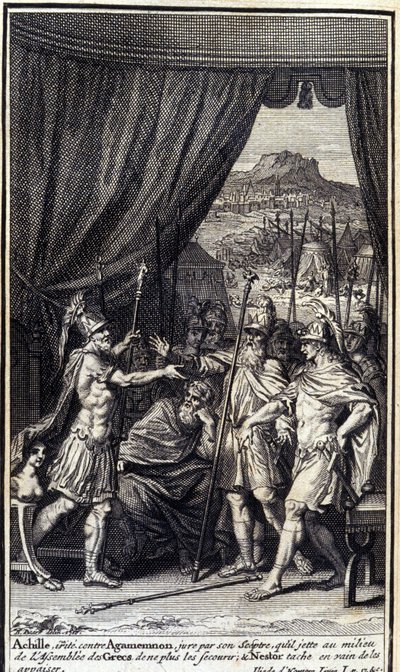 Achilles, boos op Agamemnon, zweert bij zijn scepter die hij in het midden van de Griekse vergadering gooit, hen niet te helpen; en Nestor probeert tevergeefs hen te kalmeren. Illustratie van boek I van de Ilias van Homeros, Franse editie door Unknown artist