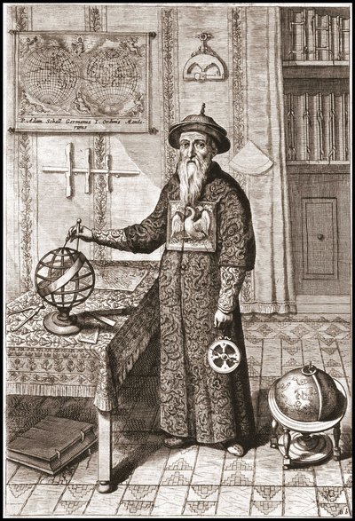 Adam Schall, astronoom (1592-1666) in mandarijnkostuum, met aard- en hemelglobes en astrolabium - in “China” door Athanase Kircher door Unknown artist