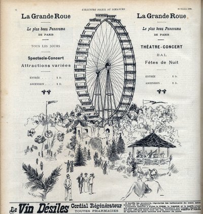 Reclame voor het reuzenrad in Parijs dat het mooiste panorama van de stad biedt voor 1 frank. Gravure in 