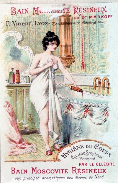 Reclame voor het Muscovite Resineux-bad, voor de hygiëne van het lichaam: een jonge vrouw giet badolie in haar badkuip. 1890 door Unknown artist