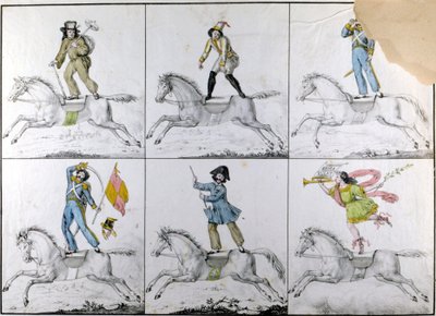 Aerobatiek: Acrobatische oefeningen te paard. Gravure door Unknown artist