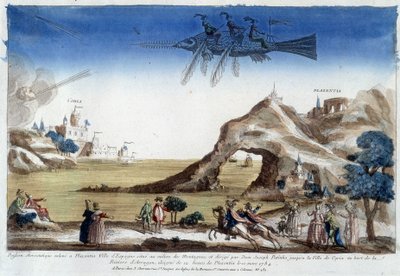 Aerostatische vis opgeheven in Plazentia, Spanje, geleid door Dom Joseph Patinho, vliegend naar de stad Coria aan de oevers van de Arragon rivier (12 leagues van Plazentia) op 10 maart door Unknown artist